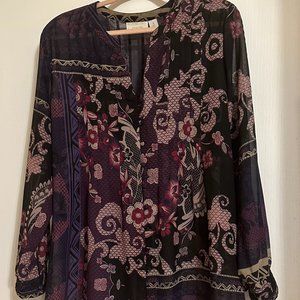 Chico's sheer, artsy tunic, SZ 3, mainly purple in color.